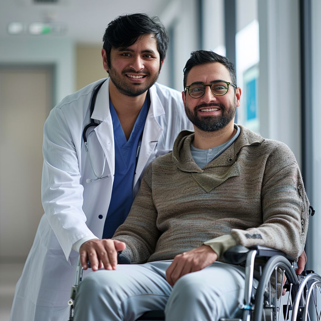 A doctor standing next to his disabled patient.