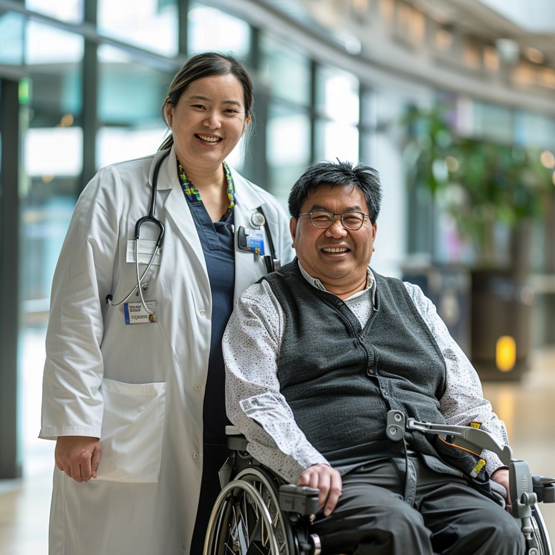 A female doctor standing next to her disabled patient.