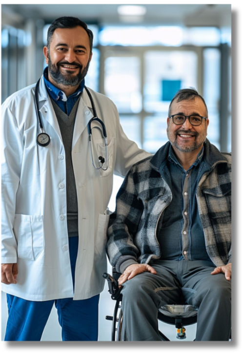 A medical professional standing beside his paralyzed patient.