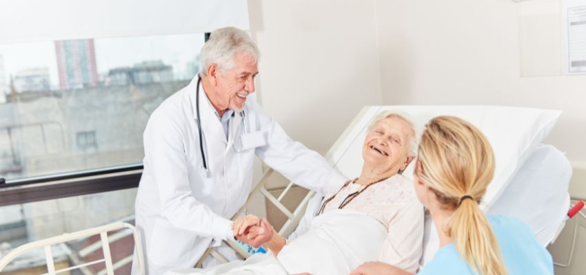 The aged woman feels happy and relieved because of his fast recovery.