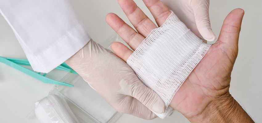 The nurse treats a hand with a severe wound using an effective chronic wound treatment.