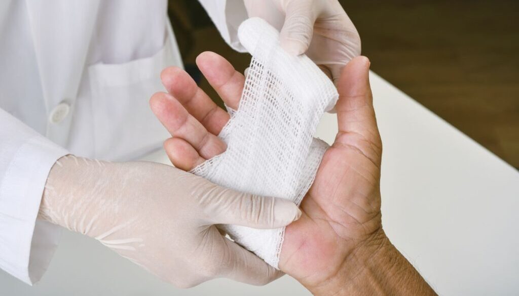 The doctor uses biological wound care materials for wound healing.