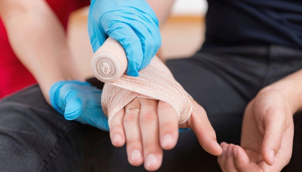 The caregiver is treating the wound caused by a burn.