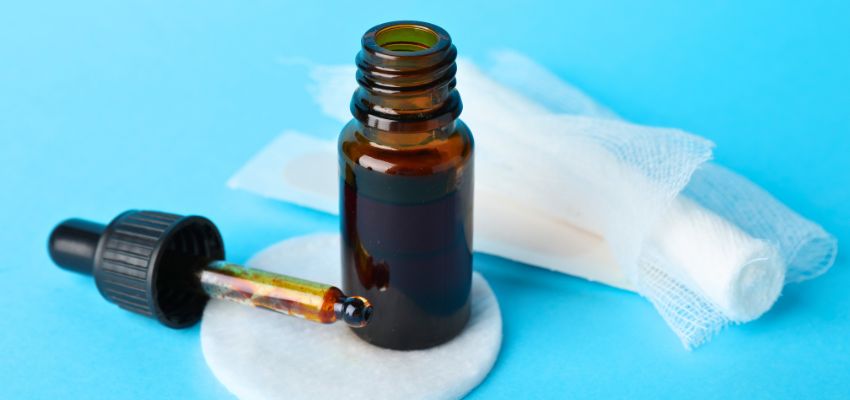 iodine-for-wounds1 Iodine for wounds in a dropper bottle with cotton pad and medical gauze.